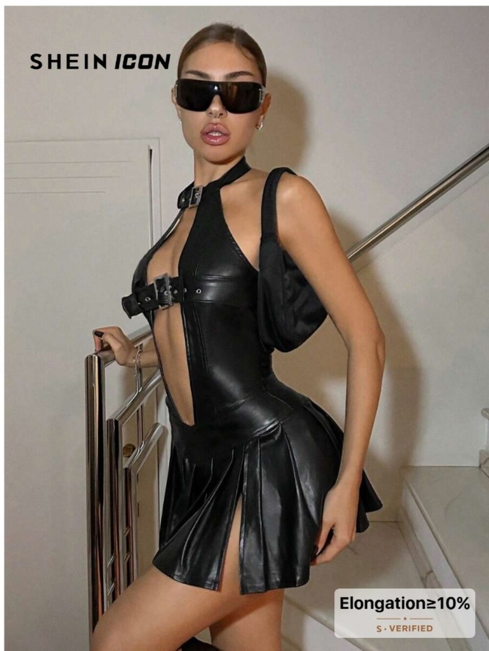 SHEIN Black Faux Leather Mini Dress with Buckle Halter